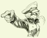  1girl blurry buttons coat depth_of_field gloves hanna_rudel hat iron_cross jojo_no_kimyou_na_bouken jojo_pose long_hair long_sleeves military military_uniform nose_scar parody peaked_cap pointing ponytail scar shiratama_(hockey) simple_background solo strike_witches uniform 