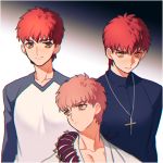  3boys centipede cross cross_necklace emiya_shirou fate/stay_night fate_(series) jewelry kinkan_(rerorero_o) kotomine_shirou_(fanfic) multiple_boys necklace raglan_sleeves redhead yellow_eyes 