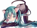  1girl all_fours animal_ears aqua_eyes aqua_hair boots cat_ears cat_tail detached_sleeves hatsune_miku headphones long_hair opopowa skirt solo tail thigh-highs thigh_boots twintails very_long_hair vocaloid 