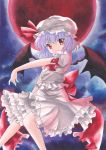  1girl bat_wings blue_hair bow dress frilled_dress frills hat hat_bow highres looking_at_viewer mob_cap moon night pom77 red_eyes red_moon remilia_scarlet short_hair short_sleeves solo touhou traditional_media white_dress wings 