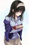  1girl black_hair blue_eyes book bookmark breasts collarbone hairband idolmaster idolmaster_cinderella_girls jewelry long_hair long_sleeves mirai_denki necklace sagisawa_fumika shawl skirt 