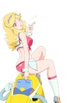  1girl ass blonde_hair blown_kiss boobies_uniform breasts front-tie_top highres honey_(space_dandy) long_hair looking_at_viewer maimai251 on_head one_eye_closed qt_(space_dandy) robot short_shorts shorts sitting sitting_on_person socks space_dandy wrist_cuffs 