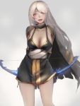  1girl arms_behind_back ashe_(league_of_legends) blue_eyes bow_(weapon) breasts cleavage highres league_of_legends long_hair looking_at_viewer silver_hair sky_of_morika smile solo thighs weapon 