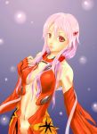  1059 1girl bare_shoulders breasts center_opening cleavage detached_sleeves elbow_gloves fingerless_gloves gloves guilty_crown hair_ornament hairclip highres long_hair looking_at_viewer navel pink_hair red_eyes solo twintails yuzuriha_inori 