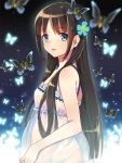  1girl bare_shoulders black_hair blue_eyes butterfly camisole flower flower_on_head from_side lingerie long_hair looking_at_viewer open_mouth original parted_lips see-through symbol-shaped_pupils underwear zonana 