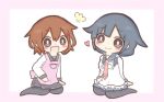  2girls apron blue_hair brown_eyes brown_hair commentary fang hair_flaps hair_ornament hairclip heart ikazuchi_(kantai_collection) jakoo21 kantai_collection low_twintails multiple_girls necktie open_mouth pantyhose pleated_skirt school_uniform serafuku short_hair skirt smile taigei_(kantai_collection) twintails 
