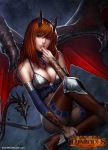  1girl bare_shoulders boots breasts cleavage copyright_name demon_girl demon_horns demon_tail demon_wings diabolos:_tears_of_sorrow elbow_gloves fangs gloves gotgituey high_heel_boots high_heels horns jewelry long_hair pendant red_eyes redhead sitting solo succubus tail thigh-highs thigh_boots watermark web_address wings 