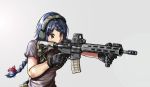  1girl ar-15 blue_hair braid brown_eyes ear_protection gloves gun operator ponytail rifle specterz vertical_foregrip weapon 