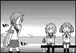  3girls akebono_(kantai_collection) bell biting comic finger_biting flower hair_bell hair_bobbles hair_flower hair_ornament kantai_collection kneehighs monochrome multiple_girls oboro_(kantai_collection) otoufu praying sazanami_(kantai_collection) school_uniform serafuku side_ponytail sweatdrop twintails wristband 