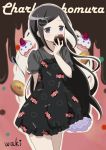  black_hair blush charlotte dress kaname_madoka long_hair mahou_shoujo_madoka_magica purple_eyes sweets 