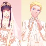  1boy 1girl adjusting_clothes adjusting_tie bandages bare_shoulders black_hair blonde_hair blue_eyes bow bowtie breasts bridal_veil bride cleavage dress flower_wreath formal groom hair_ornament haneru highres hyuuga_hinata lavender_eyes long_hair looking_at_viewer naruto short_hair smile solo tuxedo uzumaki_naruto veil wedding_dress 