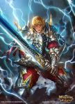  1boy armor blonde_hair blue_eyes copyright_name earrings facial_hair gauntlets gotgituey greaves jewelry lightning magnus_ignis male official_art shiny shiny_clothes short_hair solo spaulders stubble sword watermark weapon web_address 