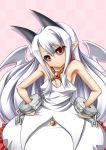  1girl albino armpits black_sclera checkered checkered_background cuffs demon_girl dress earrings hands_on_hips highres horns jewelry long_hair phantom_kingdom pink_background pointy_ears pram red_eyes roura shackles solo white_dress white_hair 