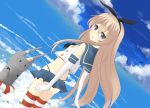  1girl blonde_hair blue_eyes clouds cloudy_sky dutch_angle elbow_gloves from_behind gloves hairband highres kantai_collection lens_flare long_hair looking_back miniskirt ocean rensouhou-chan sailor_collar saru_to_yami shimakaze_(kantai_collection) skirt sky solo striped striped_legwear thigh-highs very_long_hair 