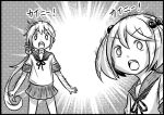  &gt;:o :o akebono_(kantai_collection) bell comic flower hair_bell hair_bobbles hair_flower hair_ornament kantai_collection long_hair monochrome otoufu sazanami_(kantai_collection) school_uniform serafuku shocked_eyes side_ponytail translated twintails very_long_hair 