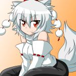 1girl animal_ears bare_shoulders breasts detached_sleeves gradient gradient_background hat inubashiri_momiji katsumi5o large_breasts looking_at_viewer red_eyes short_hair silver_hair smile solo tail tokin_hat touhou v_arms wolf_ears wolf_tail 