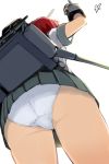  1girl from_below highres kantai_collection kinu_(kantai_collection) machinery momo_(higanbana_and_girl) panties pantyshot pleated_skirt redhead school_uniform serafuku short_hair skirt underwear upskirt white_background white_panties 