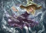  1girl blonde_hair dress hair_ribbon hand_on_headwear hat hoop kiyomasa_ren long_sleeves looking_at_viewer moriya_suwako one_eye_closed open_mouth purple_dress ribbon shirt smile solo touhou water white_legwear wide_sleeves yellow_eyes 