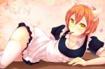  1girl akatsuki_rokino animal_ears blush cat_ears character_name collarbone flat_chest hair_between_eyes hoshizora_rin looking_at_viewer love_live!_school_idol_project lying maid mouth_hold on_side orange_hair pocky short_hair solo star thigh-highs twitter_username white_legwear yellow_nails 