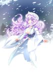  1girl alternate_costume alternate_hair_length alternate_hairstyle arms_at_sides barefoot breasts cleavage colored_eyelashes dora_e hat japanese_clothes kimono letty_whiterock long_hair obi open_mouth purple_hair sash snow snowing solo touhou tree violet_eyes wide_sleeves youkai yuki_onna 