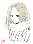  1girl artist_name blush brown_hair bust light_smile long_hair looking_at_viewer monochrome original poaro scarf simple_background sketch spot_color sweater white_background 