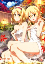  2girls alice_margatroid blonde_hair blush bow breasts cleavage collarbone fang hair_bow hairband kirisame_marisa leaf long_hair looking_at_viewer maple_leaf multiple_girls naked_towel onsen open_mouth sazanami_mio short_hair sitting smile steam touhou towel yellow_eyes 