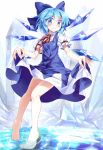  1girl barefoot blue_dress blue_eyes blue_hair bow cirno curtsey dress e.o. hair_bow highres ice ice_wings looking_at_viewer puffy_short_sleeves puffy_sleeves shirt short_sleeves smile solo touhou water wings 