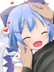  1girl blue_hair cirno closed_eyes dress hair_ornament hair_ribbon hand_on_head happy heart highres hug ice ice_wings open_mouth petting puffy_short_sleeves puffy_sleeves ribbon short_sleeves touhou wings 