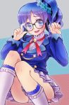  1girl 81_(mellowry) aikatsu! blazer blue_eyes blue_hair blush kiriya_aoi long_hair looking_at_viewer open_mouth panties pantyshot pantyshot_(sitting) side_ponytail sitting skirt smile solo underwear 