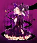  1girl arms_behind_back borrowed_character capelet cat cecilia_(acerailgun) dress hat original purple purple_background ravee_of_titans solo white_hair witch witch_hat yellow_eyes 