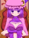  1girl bangs blunt_bangs blush bra breasts cleavage crescent crossed_arms hat jewelry lace-trimmed_bra large_breasts long_hair long_sleeves meria_(rahxephon5) necklace patchouli_knowledge pendant purple_bra purple_hair solo touhou underwear violet_eyes 