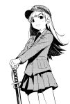  1girl character_request hat kantai_collection long_hair monochrome simple_background skirt smile solo sword watarai_keiji weapon white_background 