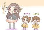  3girls brown_eyes brown_hair cape chibi commentary double_bun flying_sweatdrops hair_ribbon halloween halloween_costume headband jakoo21 jintsuu_(kantai_collection) kantai_collection long_hair lowres multiple_girls naka_(kantai_collection) necktie open_mouth ribbon school_uniform sendai_(kantai_collection) serafuku short_hair skirt thigh-highs translated two_side_up 