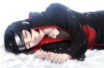  1boy akatsuki_(naruto) black_hair forehead_protector ikuni_(heterodoxy) jewelry long_hair lying male naruto necklace ring snow solo uchiha_itachi 