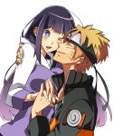  1boy 1girl blonde_hair cheek_kiss closed_eyes couple exa_(koyuru) forehead_protector hetero highres hyuuga_hinata interlocked_fingers kiss lavender_eyes long_hair naruto one_eye_closed purple_hair short_hair uzumaki_naruto 