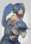  1girl aqua_eyes bare_shoulders blue_hair breast_lift breasts highres huge_breasts large_breasts league_of_legends lips long_hair looking_at_viewer sky_of_morika solo sona_buvelle twintails 