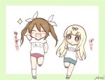  2girls blonde_hair bloomers commentary fang gym_uniform hair_ribbon happy jakoo21 kantai_collection long_hair multiple_girls name_tag ribbon running shoes socks sparkle tone_(kantai_collection) translated twintails twitter_username underwear yuudachi_(kantai_collection) 