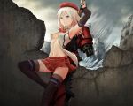  1girl alisa_ilinichina_amiella armpits arms_up artist_request beret black_gloves black_legwear blonde_hair blue_eyes boots breasts broken_wall building checkered checkered_skirt concrete elbow_gloves fingerless_gloves gloves god_eater god_eater_2 hat huge_weapon long_hair midriff navel open_clothes open_shirt pleated_skirt sideboob skirt skyscraper solo thigh-highs thigh_boots wall weapon zettai_ryouiki 
