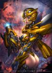  1girl arm_cannon armor ass ass_cutout blue_eyes breasts bumblebee cleavage_cutout cowboy_shot explosion female full_armor gotgituey highres lens_flare personification scratches smoke solo sparks transformers watermark weapon web_address 