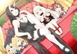  2girls :d ahoge atago_(kantai_collection) barefoot battleship-symbiotic_hime black_dress black_hair breasts character_doll cleavage couch dress dutch_angle fang horns kantai_collection kongou_(kantai_collection) long_hair mi_ti multiple_girls northern_ocean_hime open_mouth pale_skin red_eyes rensouhou-chan shimakaze_(kantai_collection) shinkaisei-kan short_dress sitting smile thigh_strap very_long_hair violet_eyes white_dress white_hair 