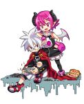  1boy 1girl albino annoyed black_legwear cape demon_girl disgaea female glasses hato_mune horns makai_senki_disgaea_3 male mao_(disgaea) pantyhose pink_eyes pink_hair playing_games playstation_portable pointy_ears raspberyl red_eyes school_uniform serafuku shirt shoes short_hair shorts sitting skirt smile spiky_hair standing white_background white_hair white_skirt wings wrist_cuffs 