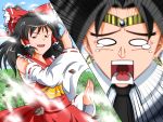  1boy 1girl black_eyes black_hair broly butler crossover crying detached_sleeves dragon_ball dragon_ball_z dress earrings hair_ribbon hakurei_reimu jewelry long_hair ohoho open_mouth ribbon spiky_hair sweatdrop touhou 