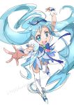  1girl blue_eyes blue_hair blue_skirt bow brooch cure_marine female hair_ornament heart_hair_ornament heartcatch_precure! jewelry kurumi_erika long_hair magical_girl precure ribbon shoes sketch skirt smile solo thigh-highs ume_(plumblossom) white_background white_legwear wrist_cuffs 