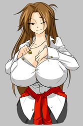  1girl breasts brown_eyes brown_hair cleavage cleavage_reach clothes_around_waist cowboy_shot ego_trigger grey_background huge_breasts long_hair matsu-sensei mattie_(ego_trigger) one_eye_closed original shirt slender_waist smile solo sweater_around_waist unbuttoned 