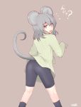  1girl alternate_costume animal_ears ass bike_shorts black_legwear blush cube85 grey_hair highres long_sleeves looking_at_viewer mouse_ears mouse_tail nazrin open_mouth red_eyes ribbed_sweater short_hair solo sweater tail touhou translation_request 