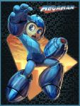  1boy 90s android arm_cannon blue_eyes border brolo copyright_name helmet open_mouth rockman rockman_(character) rockman_(classic) solo weapon 