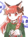  1girl :3 alternate_hairstyle animal_ears bangs bow braid cat_ears dress extra_ears eyebrows_visible_through_hair flaming_skull floating_skull green_dress hair_bow hair_down highres hiroshige_36 hitodama kaenbyou_rin long_hair long_sleeves looking_at_viewer pointy_ears puffy_sleeves red_eyes redhead solo touhou twin_braids upper_body 