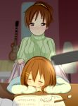  2girls blush brown_eyes brown_hair closed_eyes desk_lamp guitar hirasawa_ui hirasawa_yui instrument k-on! multiple_girls ponytail short_hair siblings sisters sleeping tateshina 