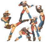  1girl angel_(kof) ass baptiste_pagani blue_eyes boots breasts chair chaps cleavage collage cowboy_boots cropped_jacket fighting_stance fingerless_gloves gloves high_kick kicking king_of_fighters large_breasts midriff navel short_hair short_shorts shorts sitting sleeves_rolled_up solo 