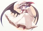 1girl bat_wings frilled_skirt frills fuurin_(omaemona) hat hat_ribbon long_skirt looking_at_viewer purple_hair red_eyes red_shoes remilia_scarlet ribbon shoes short_sleeves sitting skirt smile solo touhou wings wrist_cuffs 